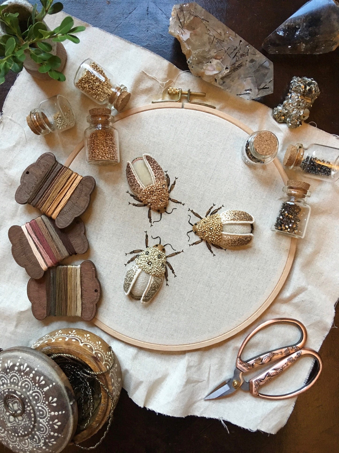 Trio of Beetles Embroidered Insects