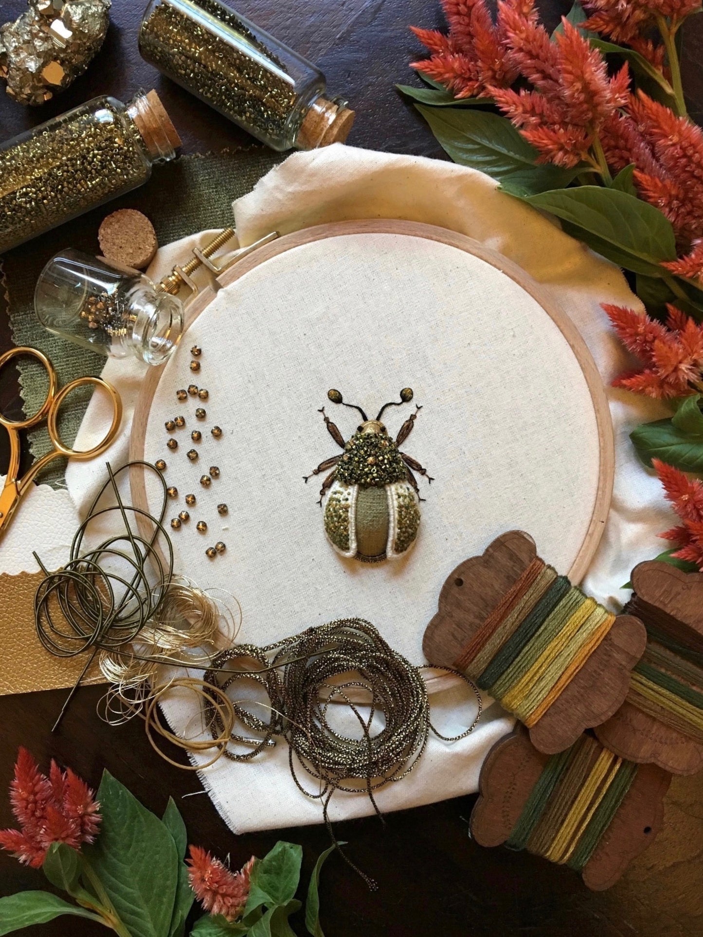 Small Green Beetle Embroidered Artwork