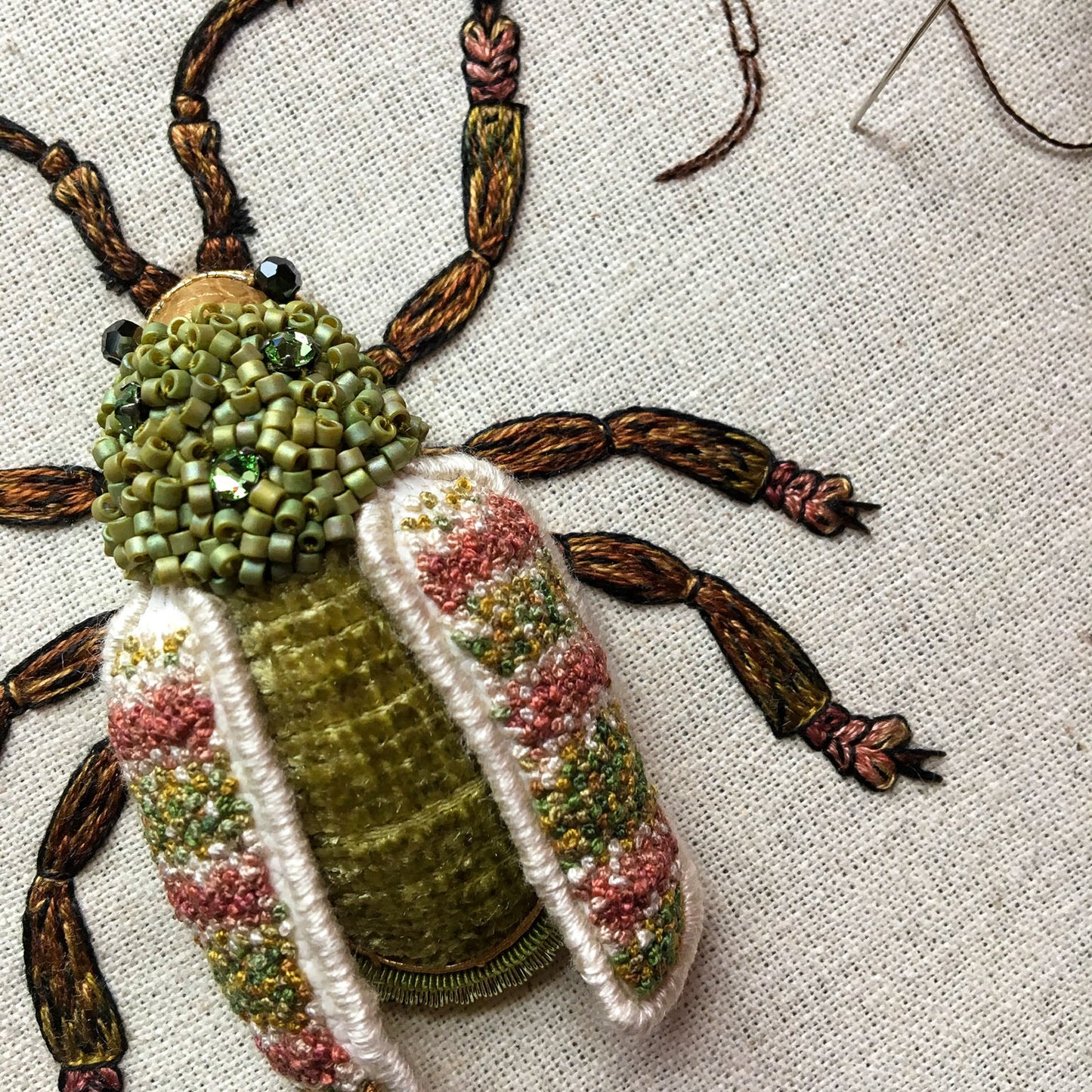 Four Banded Longhorn Beetle Embroidered Artwork