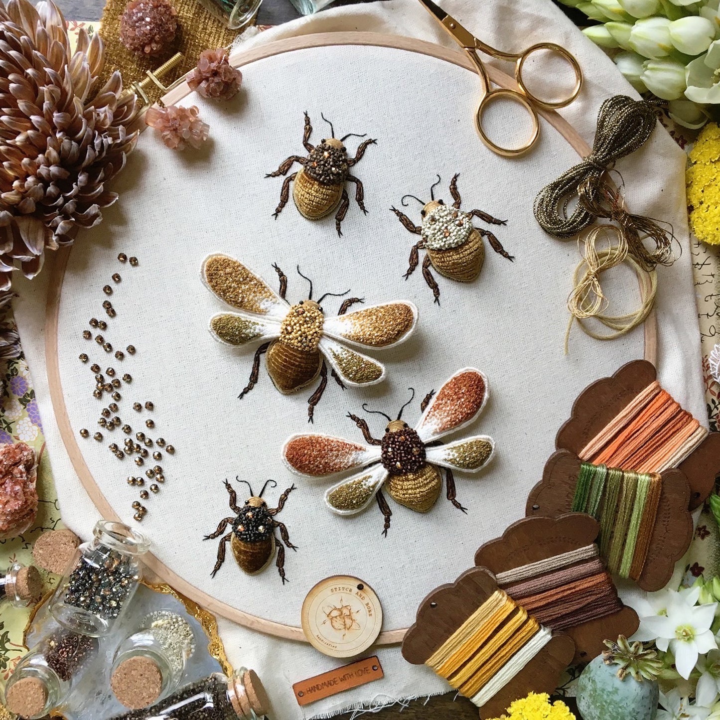 Five Beetles Embroidered Artwork