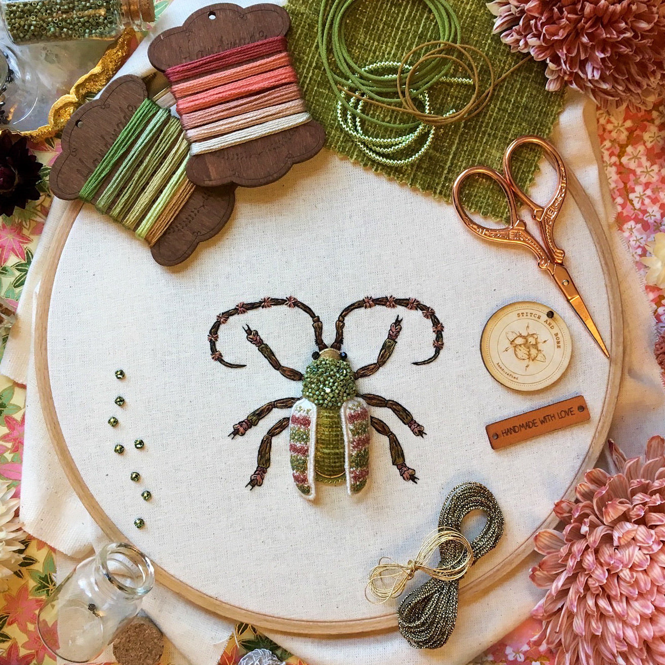 Four Banded Longhorn Beetle Embroidered Artwork