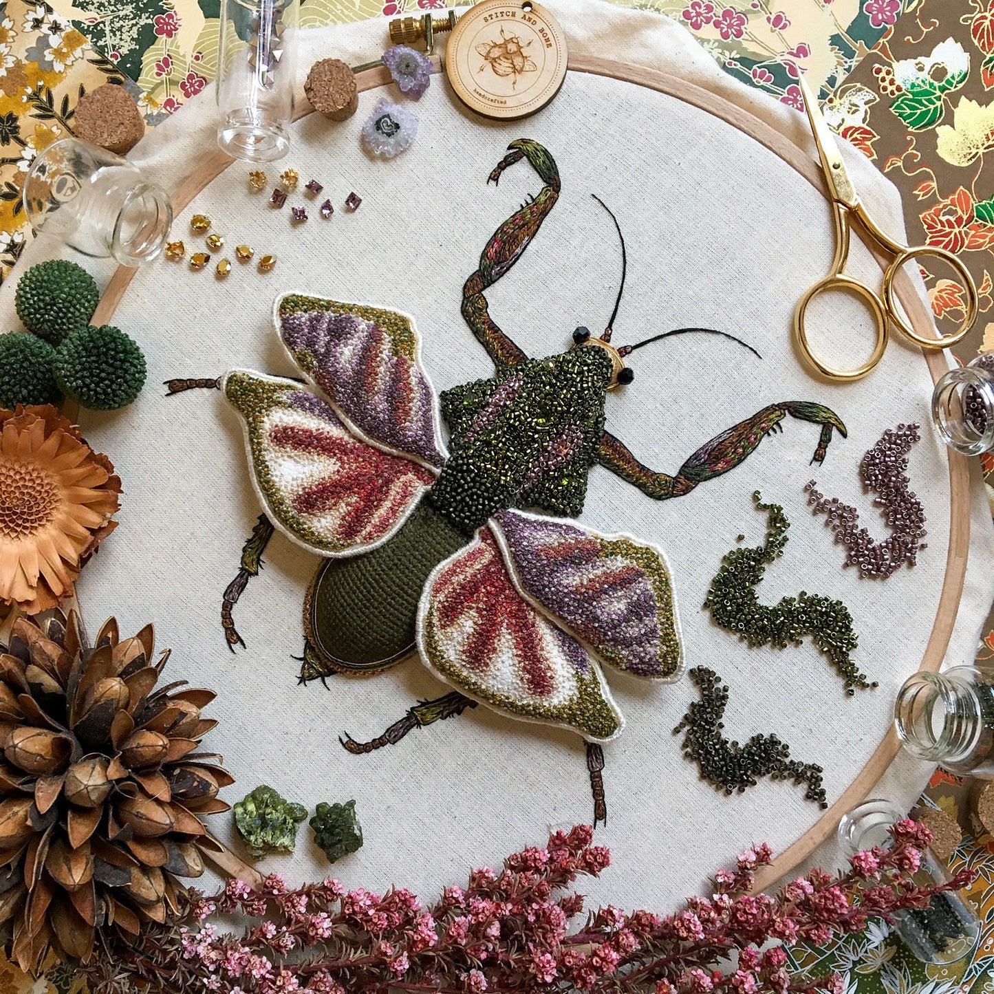Dead Leaf Mantis Embroidered Artwork