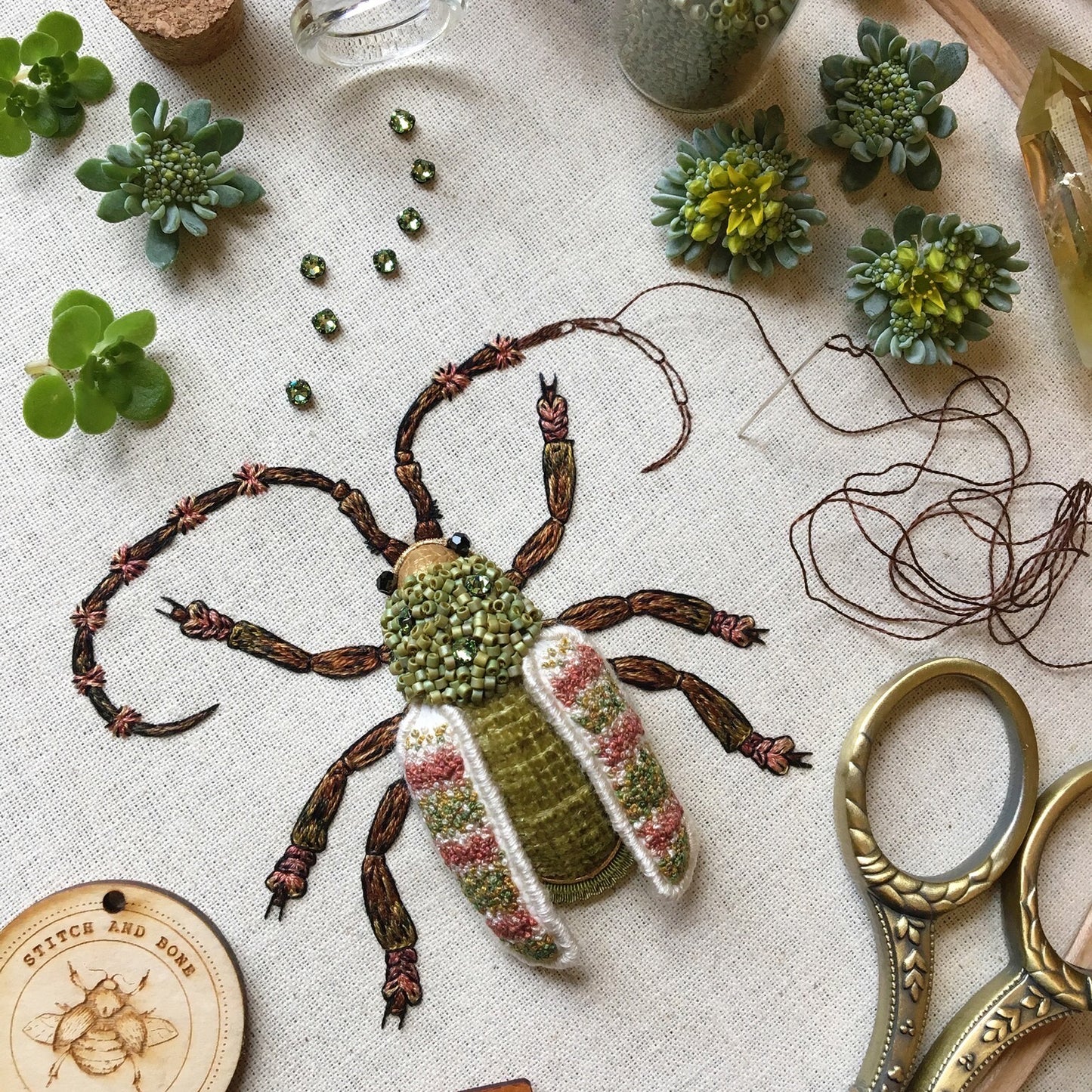 Four Banded Longhorn Beetle Embroidered Artwork