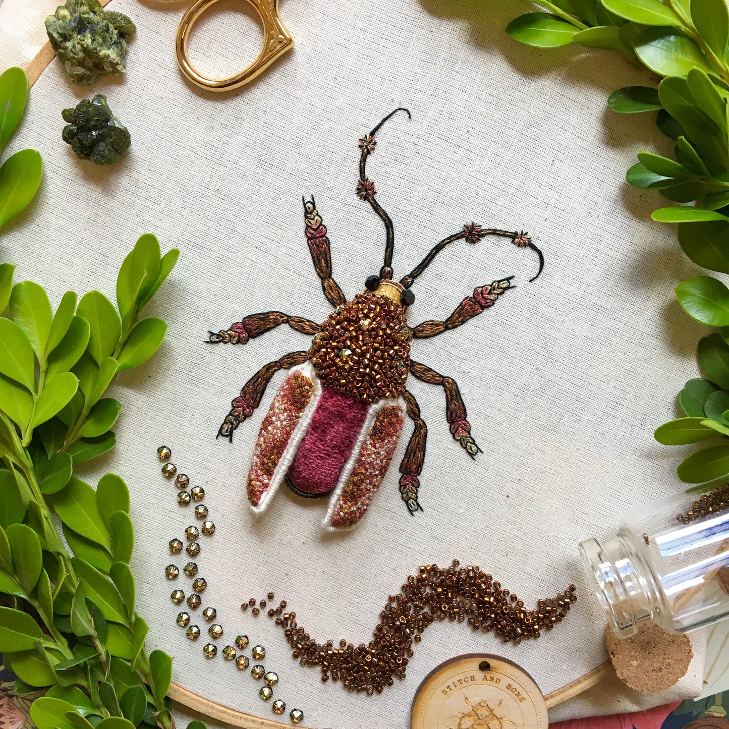 Spotted Longhorn Beetle Embroidered Artwork