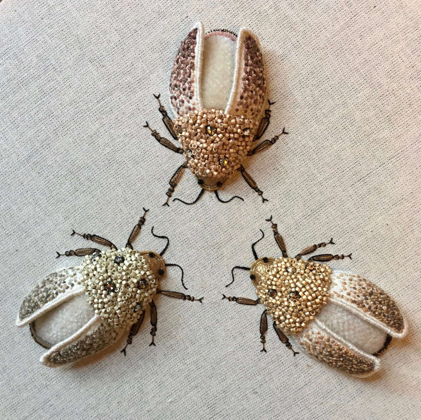 Trio of Beetles Embroidered Insects