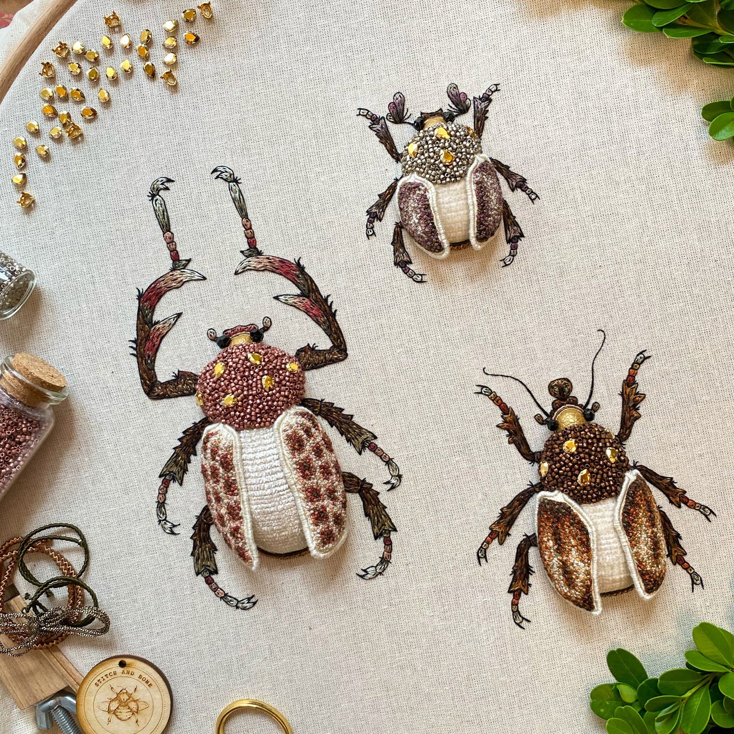 Three Beetles Embroidered Artwork