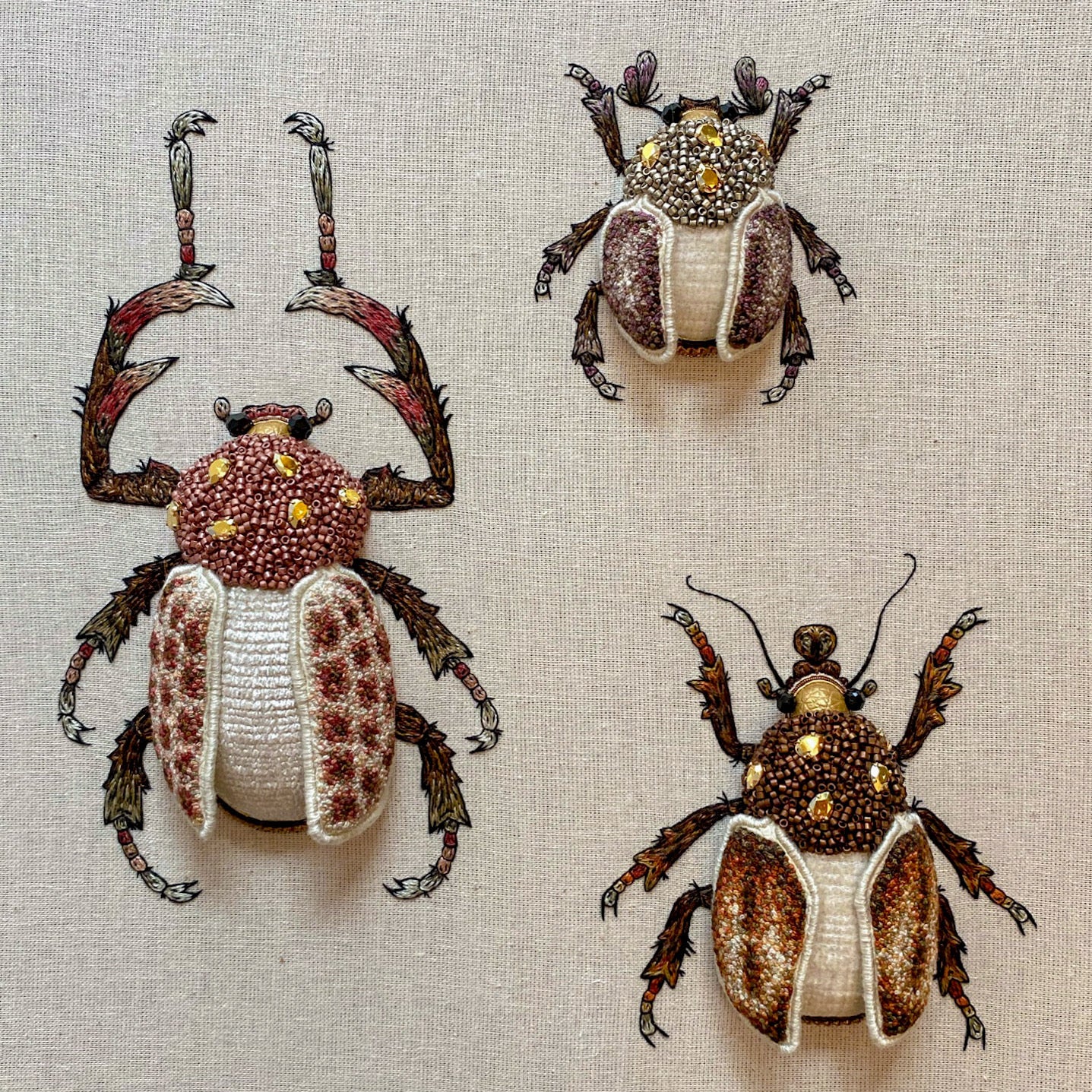 Three Beetles Embroidered Artwork